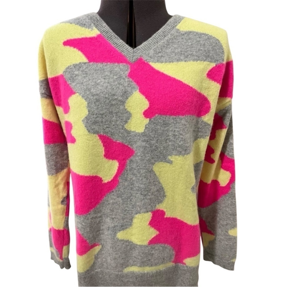 Pure Amici 100% Cashmere Bright Camo Print V Neck Sweater Size XS